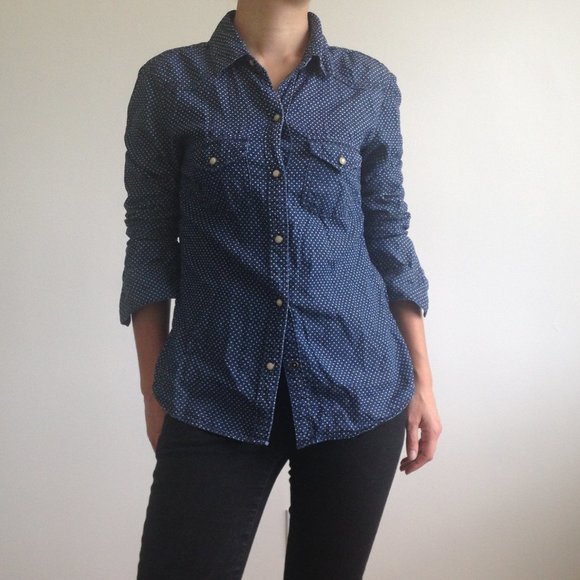 Seven7 - Polka Dot Denim Button Down Denim Shirt - Picture 2 of 8